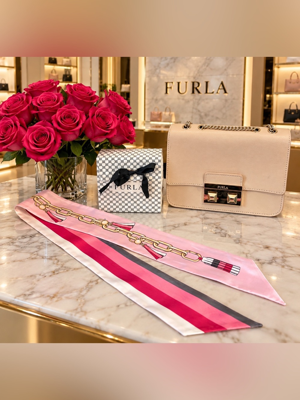 Furla Pink Chain-Print Twilly Skinny Scarf